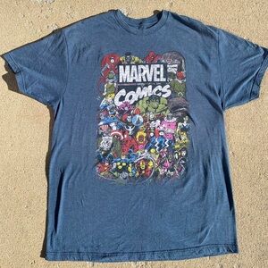 Vintage navy blue Marvel Comics tee with multi-coloured graphics